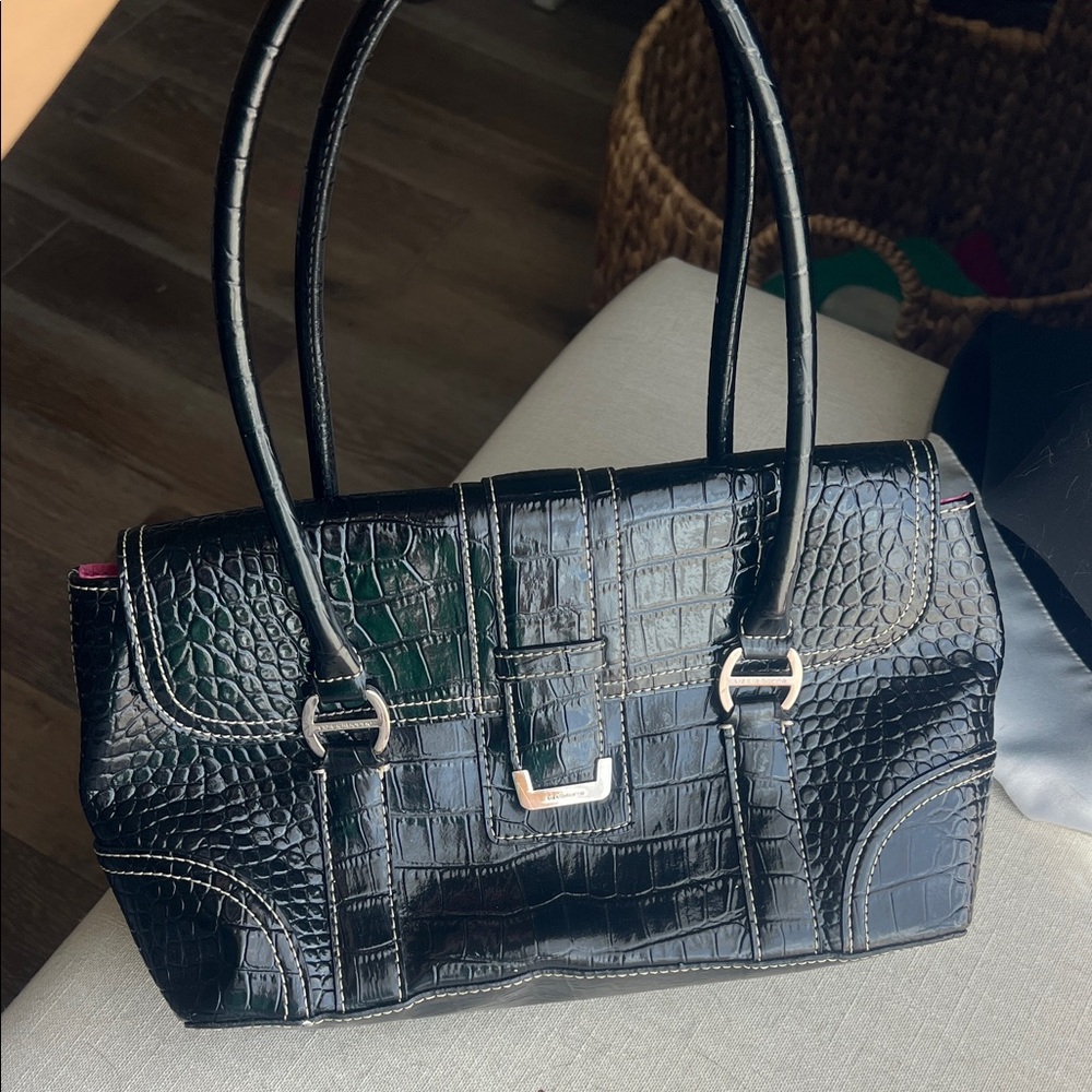 Liz Claiborne Black Crocodile-Embossed Shoulder Bag